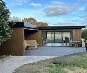 Luxury SIPS garden room with canopy.