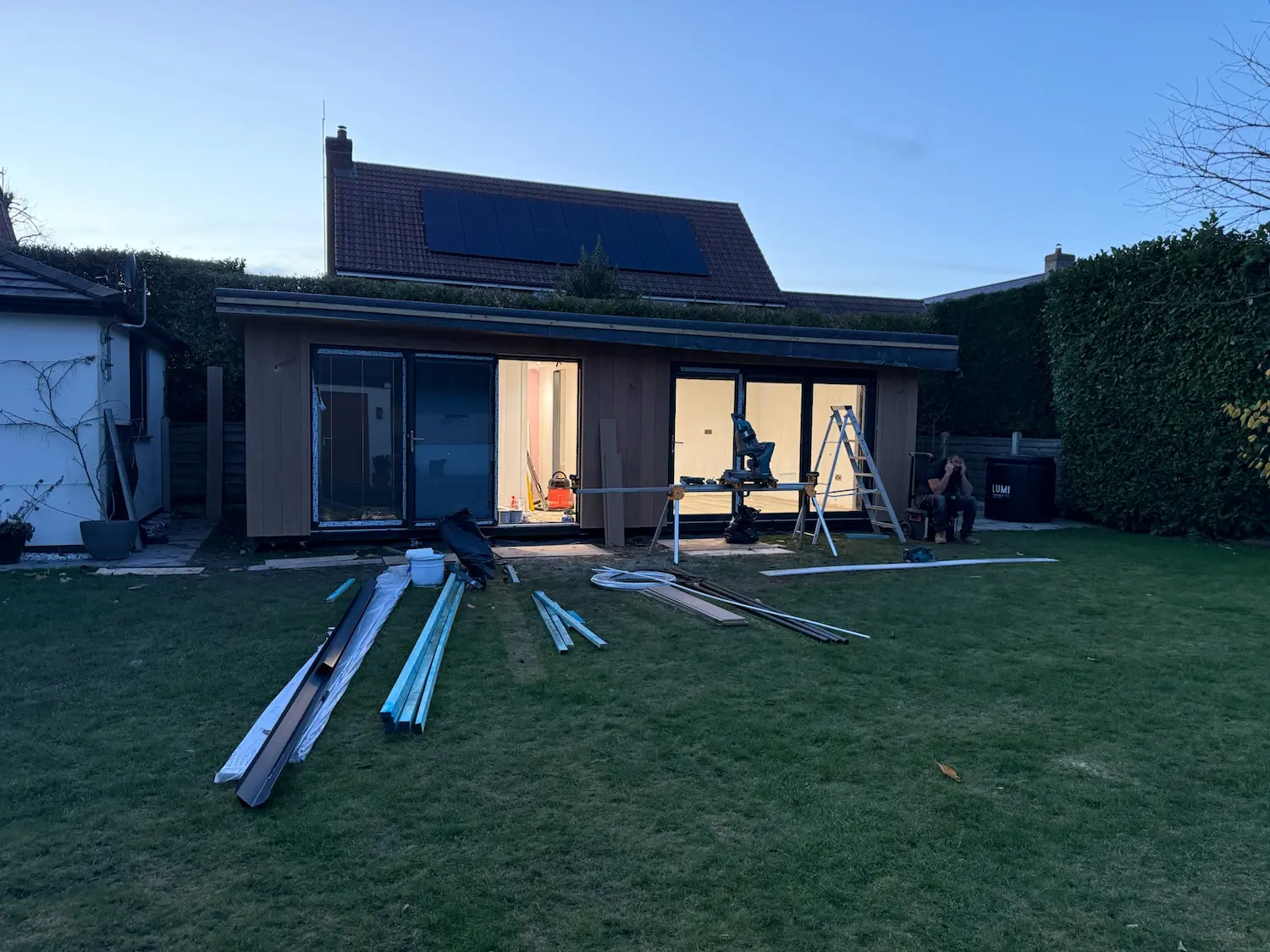 SIPS Garden Studio Construction Progress with Anthracite Glazing Installed