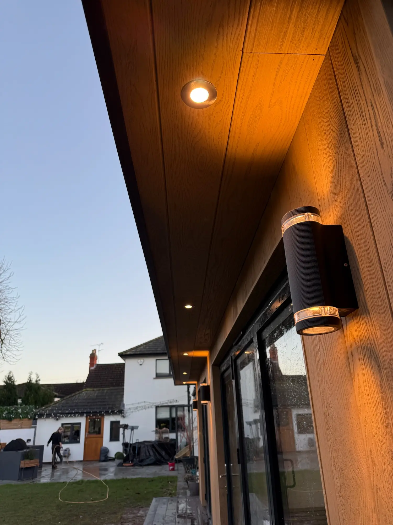 garden studio exterior lighting flat roof soffit led downlights