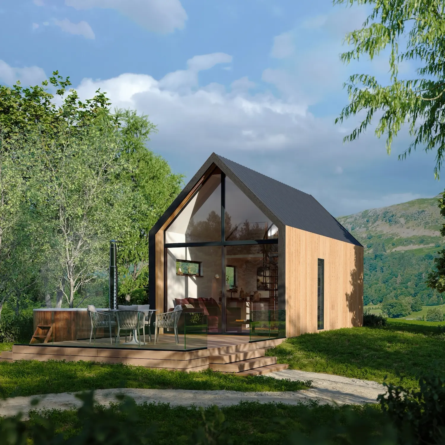 Luxury timber glamping lodge with panoramic gable glazing and private hot tub in a rural countryside setting