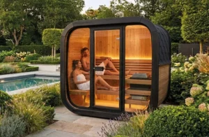 Couple relaxing in a modern sauna.