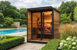 Modern sauna beside a tranquil pool.
