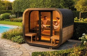 Couple enjoying a sauna by pool.