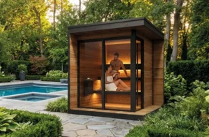 Modern sauna beside a tranquil pool.