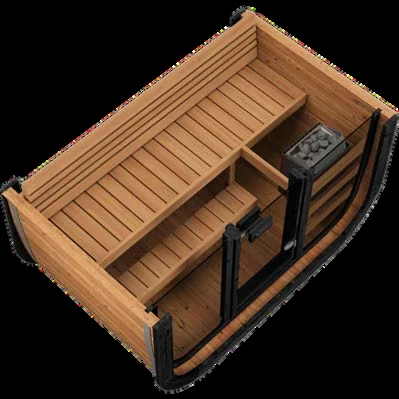 Wooden sauna with seating and heater