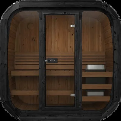 Wooden sauna with glass door interior