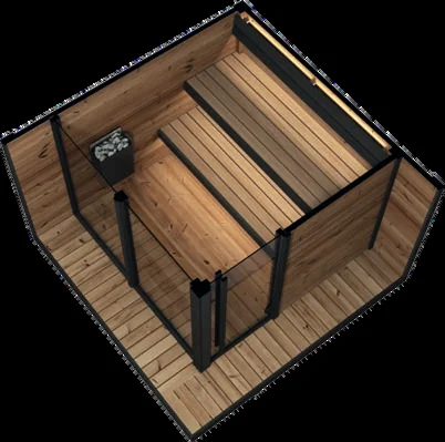 Modern wooden sauna with glass walls.