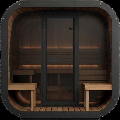 Modern sauna with wooden interior seating.