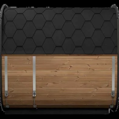 Hexagonal roof on wooden sauna exterior.