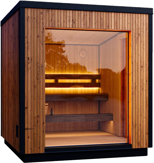 Modern cedar outdoor sauna with lighting.