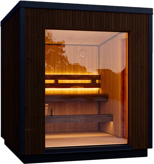 Modern outdoor sauna with warm lighting
