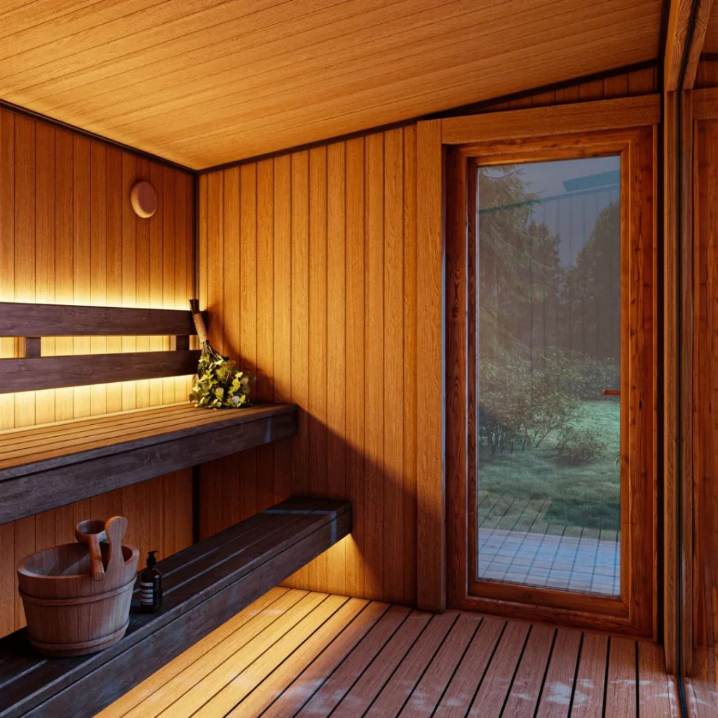 Luxury outdoor sauna interior with timber benches, ambient LED lighting and glass door to garden