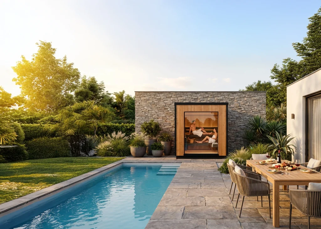 Elegant poolside sauna and dining area