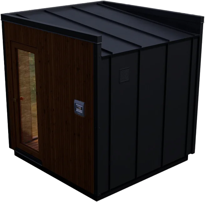 Modern outdoor sauna with wooden accents.