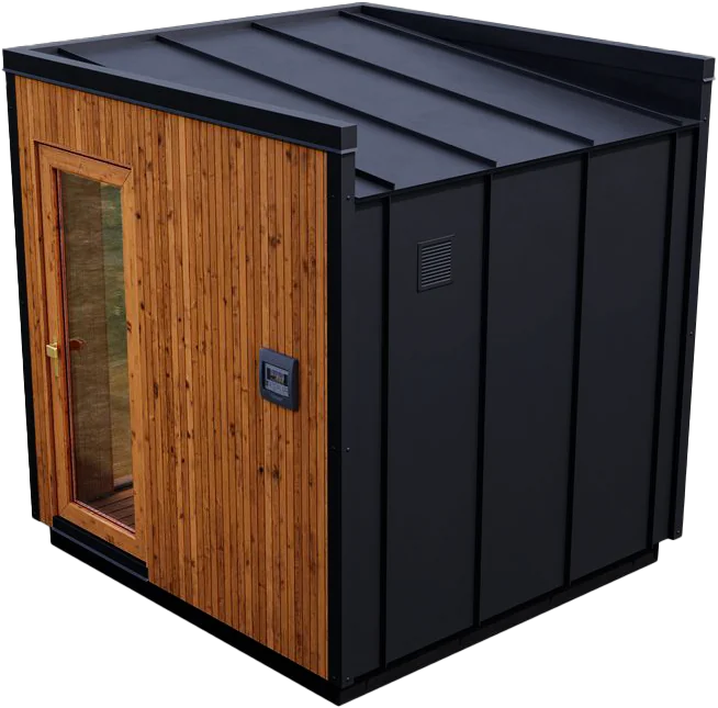 Modern outdoor sauna with wooden finish