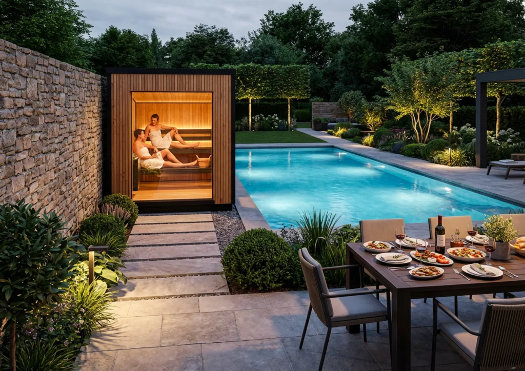Sauna by poolside in tranquil garden.