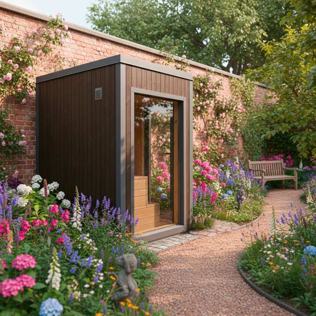 Modern sauna amidst vibrant garden flowers.