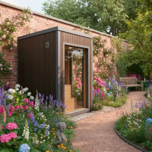 Modern sauna amidst vibrant garden flowers.