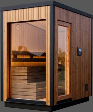 Modern cedar outdoor sauna design.