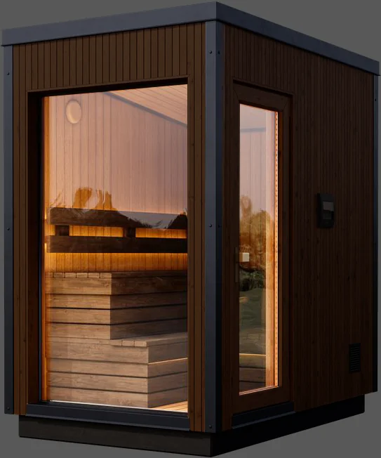 Modern wooden sauna with warm lighting