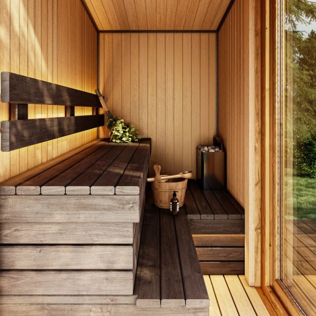 Elegant sauna with wooden benches.