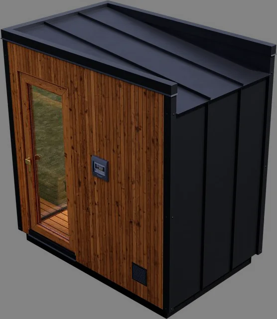Modern outdoor sauna with cedar finish