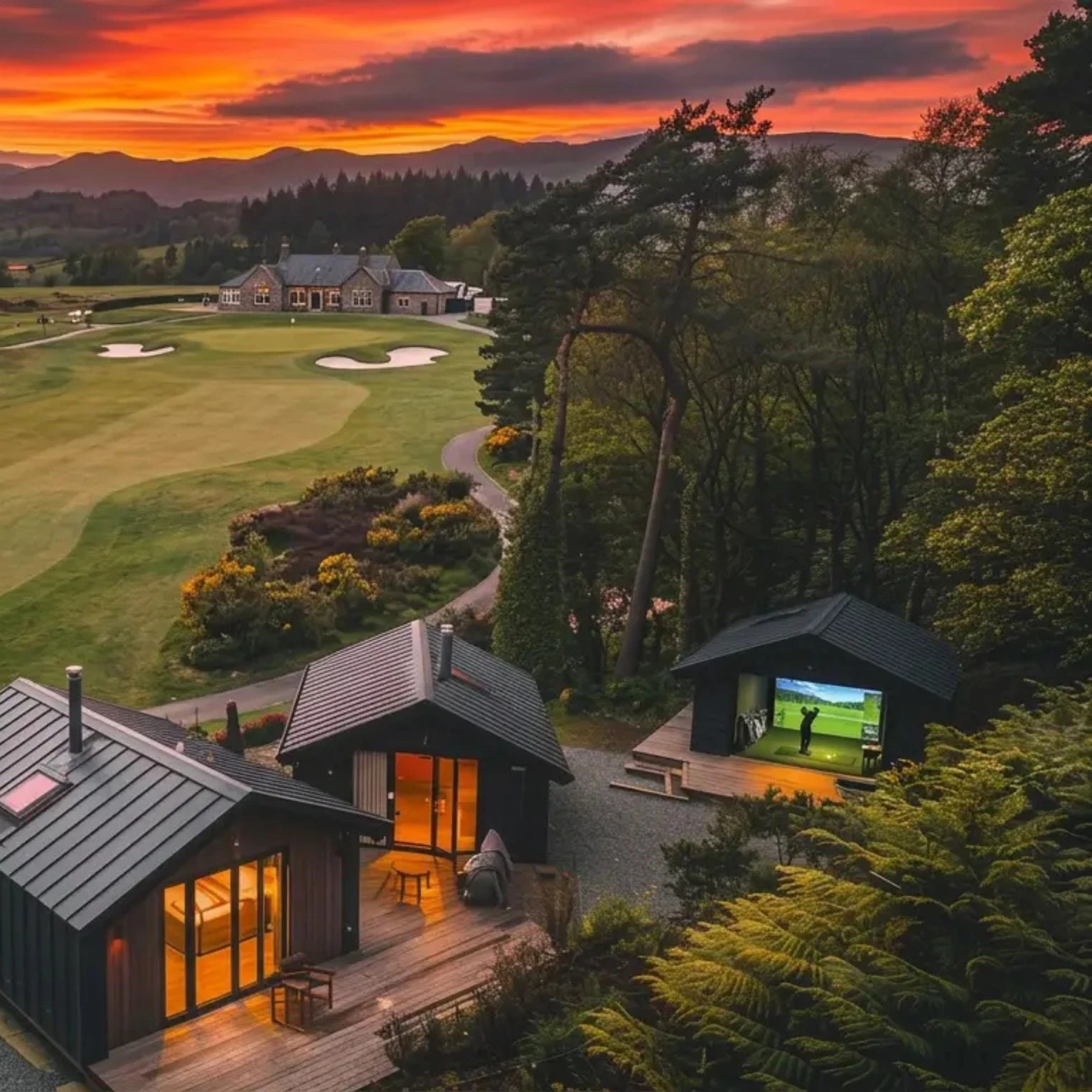Golf simulator building and luxury lodges overlooking a UK golf course at sunset, showcasing modular SIP-built leisure development