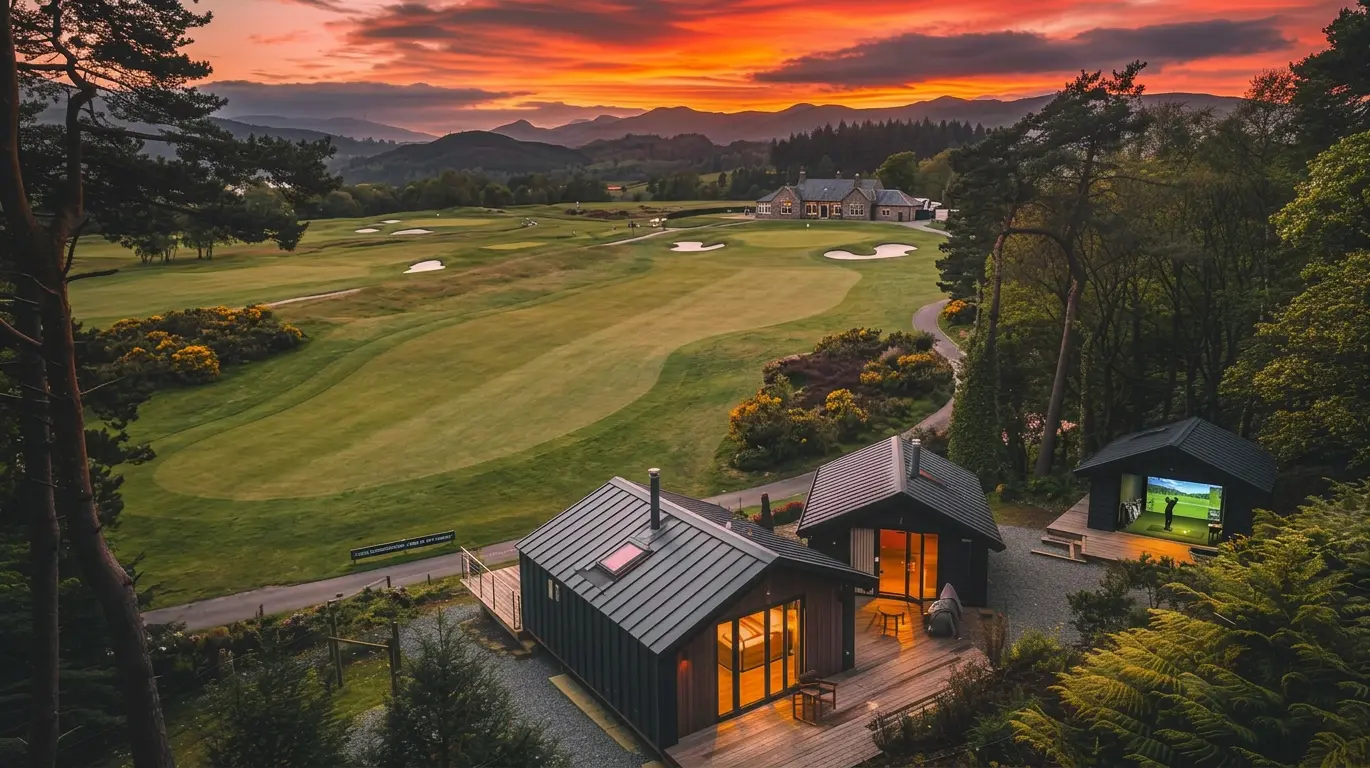 Luxury golf simulator building and lodges overlooking a UK golf course at sunset, designed for stay-and-play golf experiences