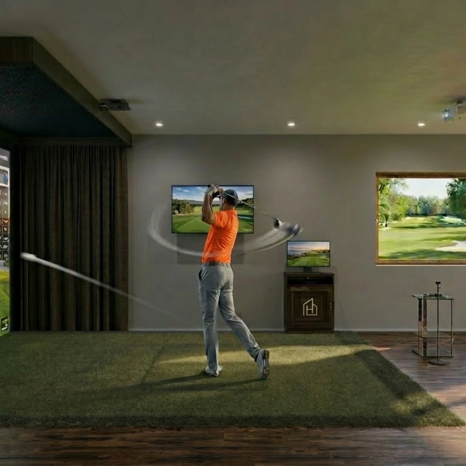 Golfer using a high-performance indoor golf simulator room with impact screen, acoustic panels and SIP-built structure in the UK