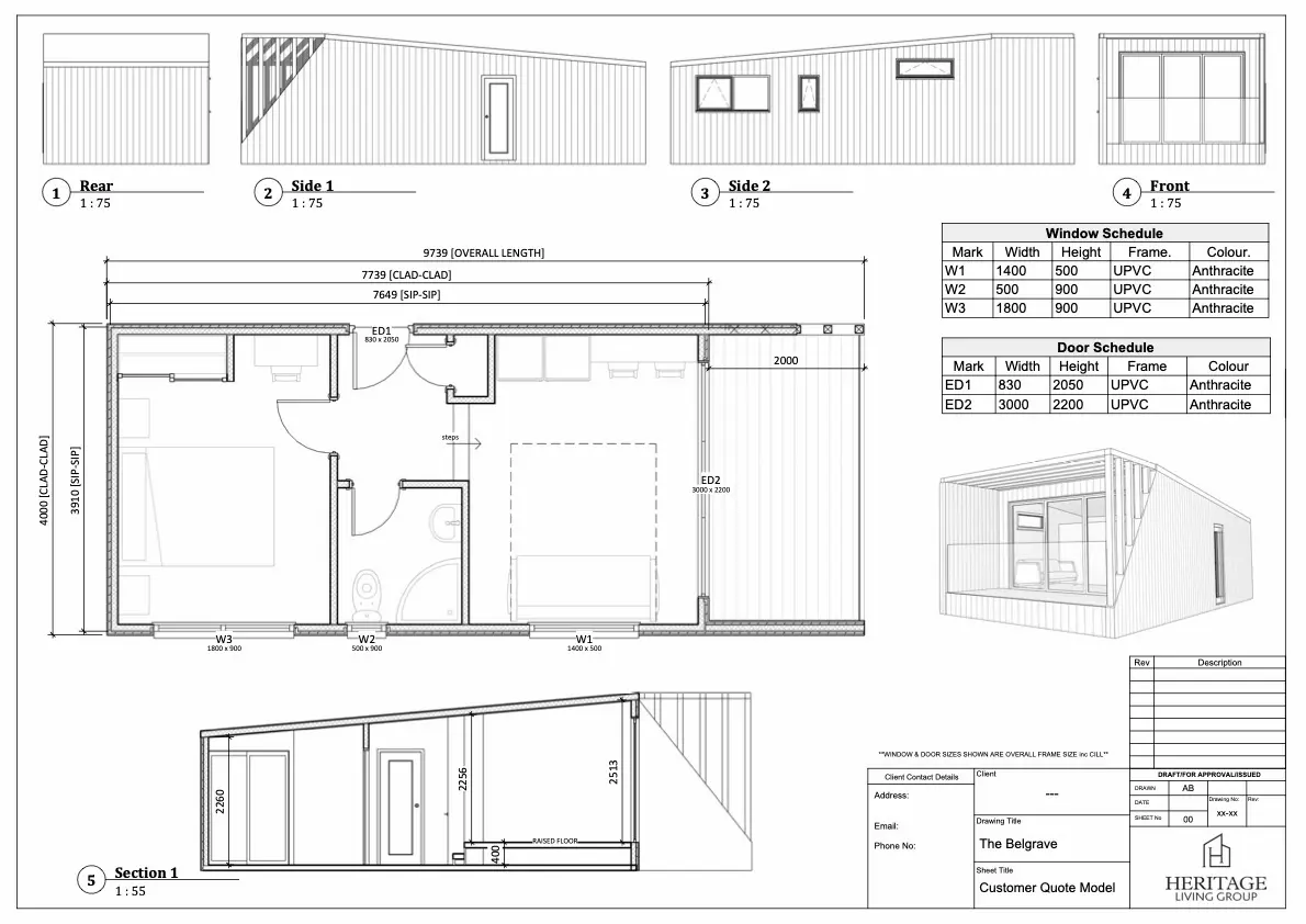 Floor plan layout of The Belgrave luxury lodge by Heritage Lodges showing bedroom, bathroom, open plan living area and covered terrace