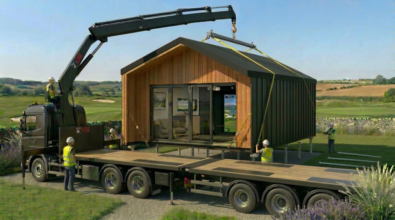 Modular golf simulator building being lifted onto foundation