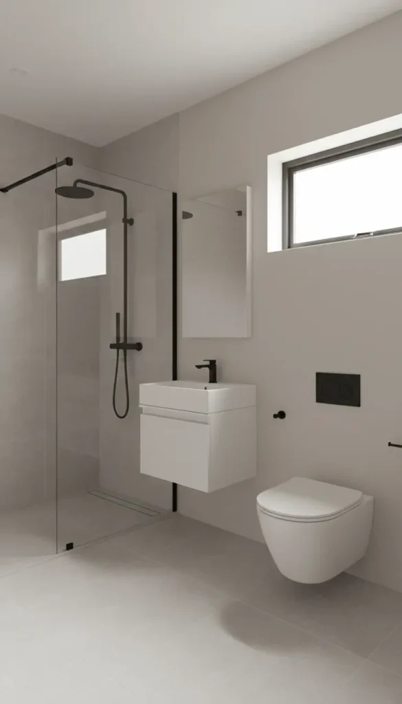 Modern bathroom interior in The Harrington luxury lodge by Heritage Lodges featuring walk-in shower, wall-hung toilet and contemporary vanity unit