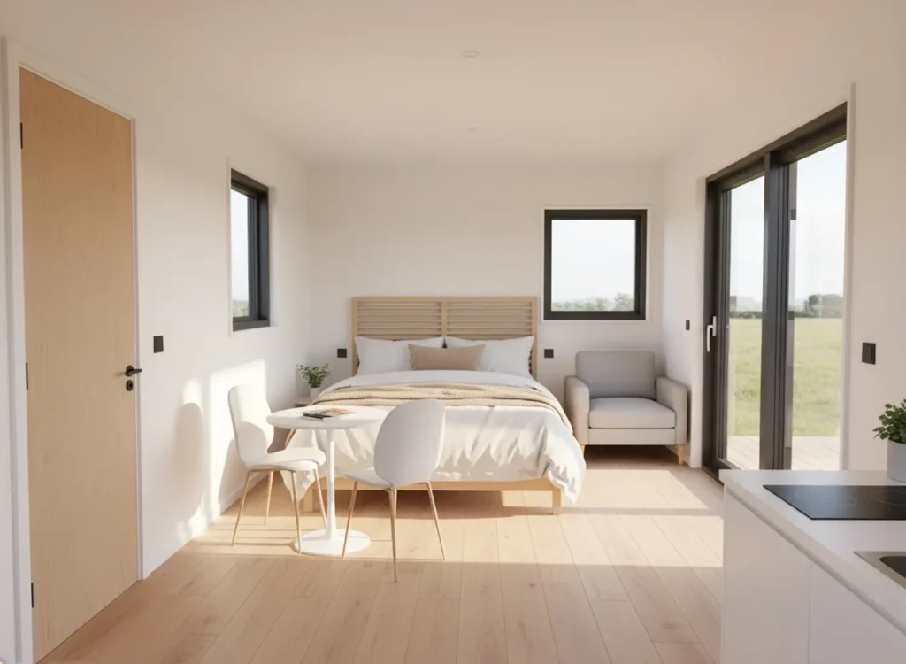 Bedroom interior of The Harrington luxury lodge by Heritage Lodges featuring large sliding glass doors, modern furnishings and countryside views