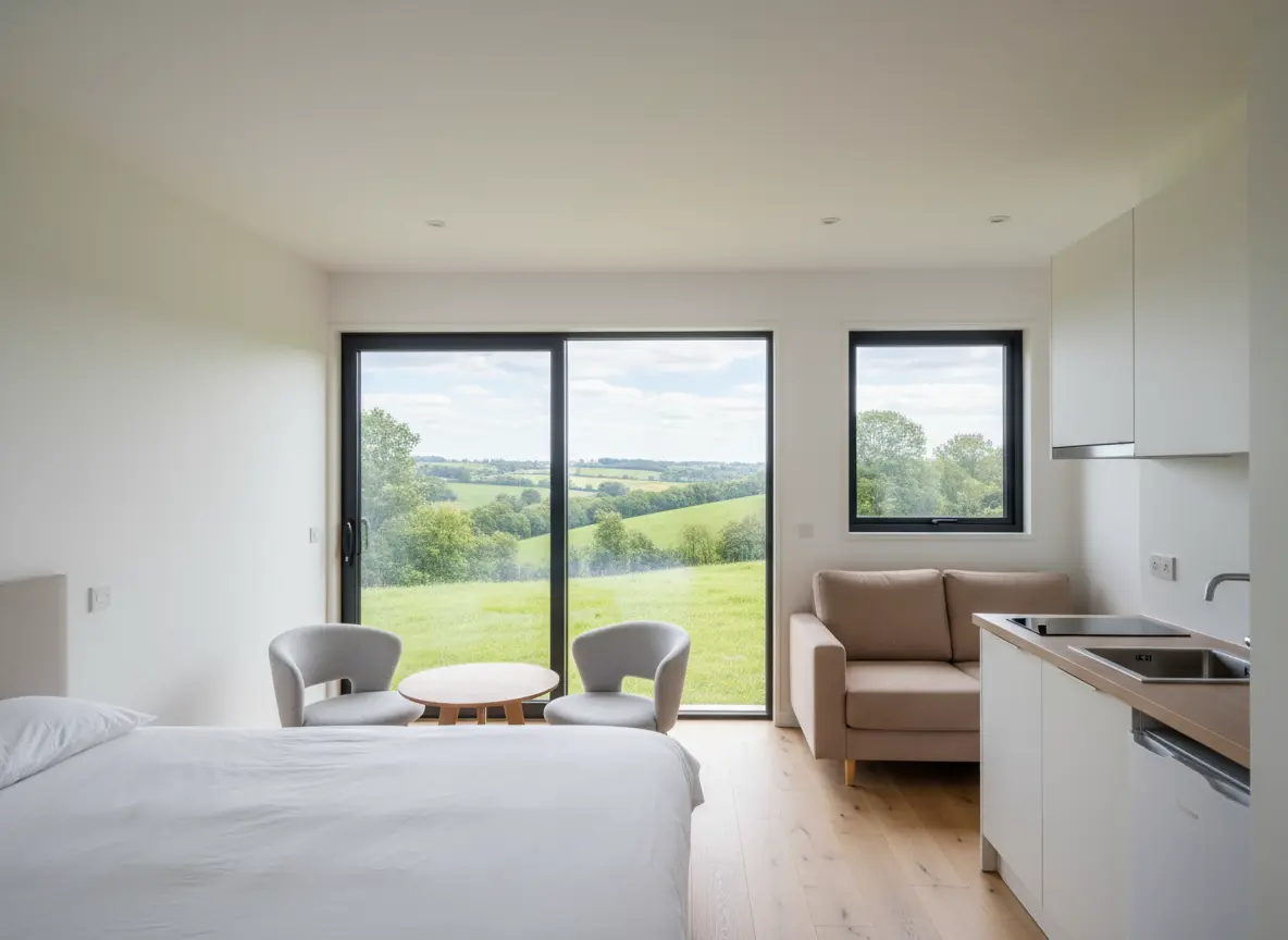 Open plan interior of The Harrington luxury lodge by Heritage Lodges featuring bedroom area, kitchenette and large sliding doors with countryside views