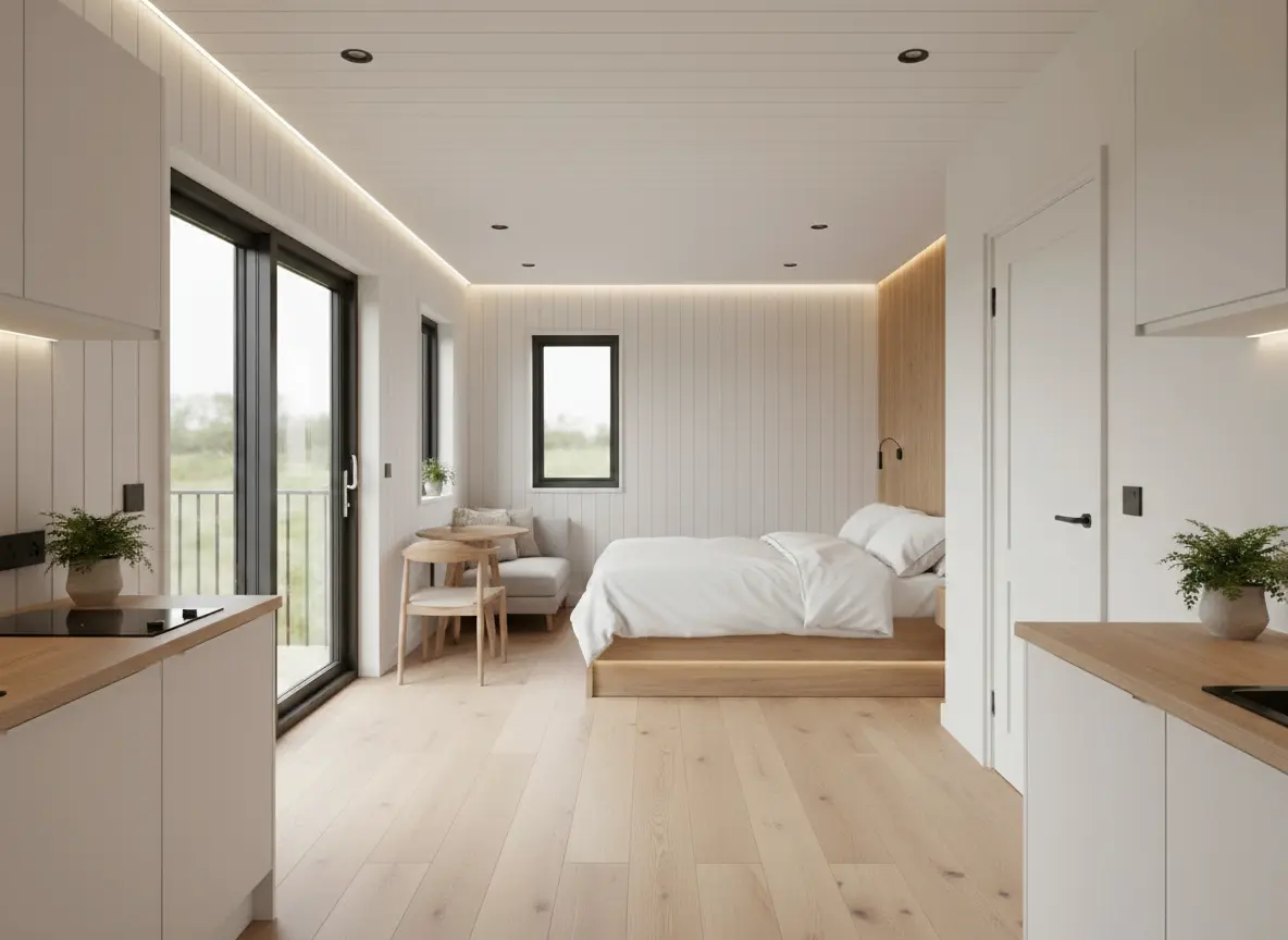 Interior of The Harrington luxury lodge by Heritage Lodges featuring a modern bedroom, kitchenette and large sliding glass doors with countryside views