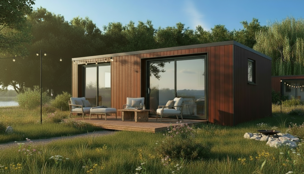 The Kingsley luxury lodge by Heritage Lodges with large sliding glass doors and outdoor decking set within a natural landscape