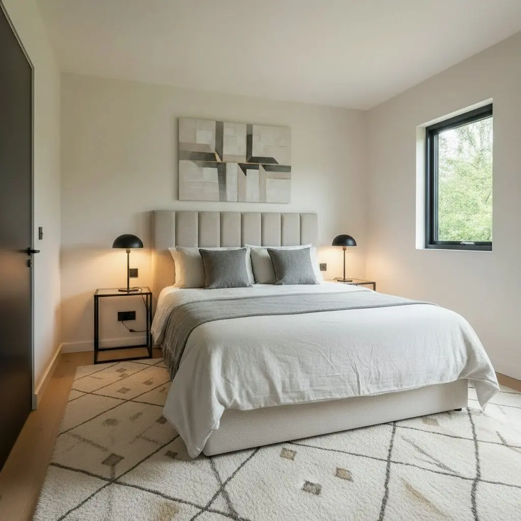 Bedroom interior of The Belgrave luxury lodge by Heritage Lodges featuring modern furnishings, large window and contemporary design