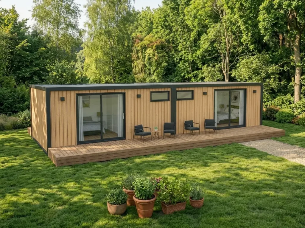 The Harrington luxury lodge by Heritage Lodges with large sliding glass doors and spacious front decking set within a natural landscape