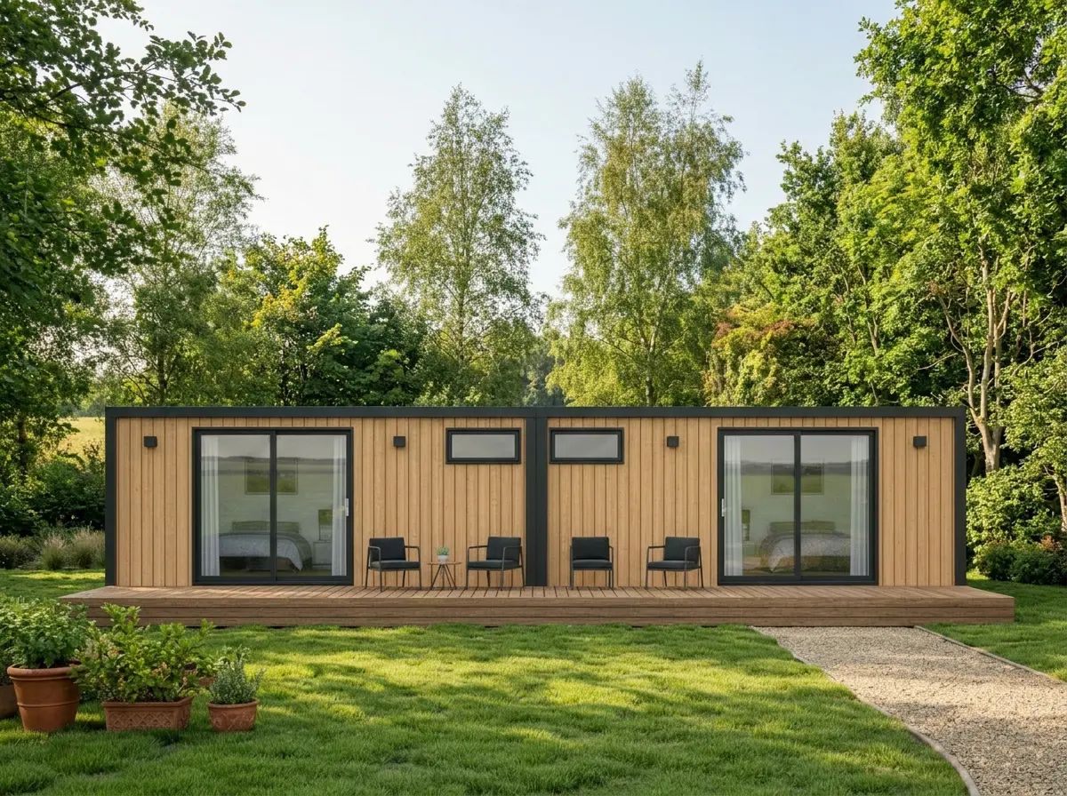 The Harrington luxury lodge by Heritage Lodges with large sliding glass doors and front decking designed for premium holiday accommodation