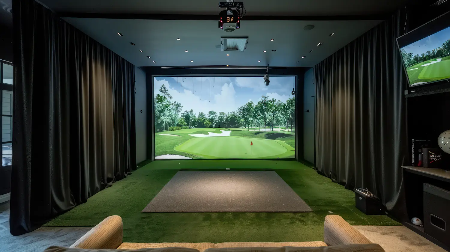 Home golf simulator room in a garden building with large projection screen, swing mat, and seating area.