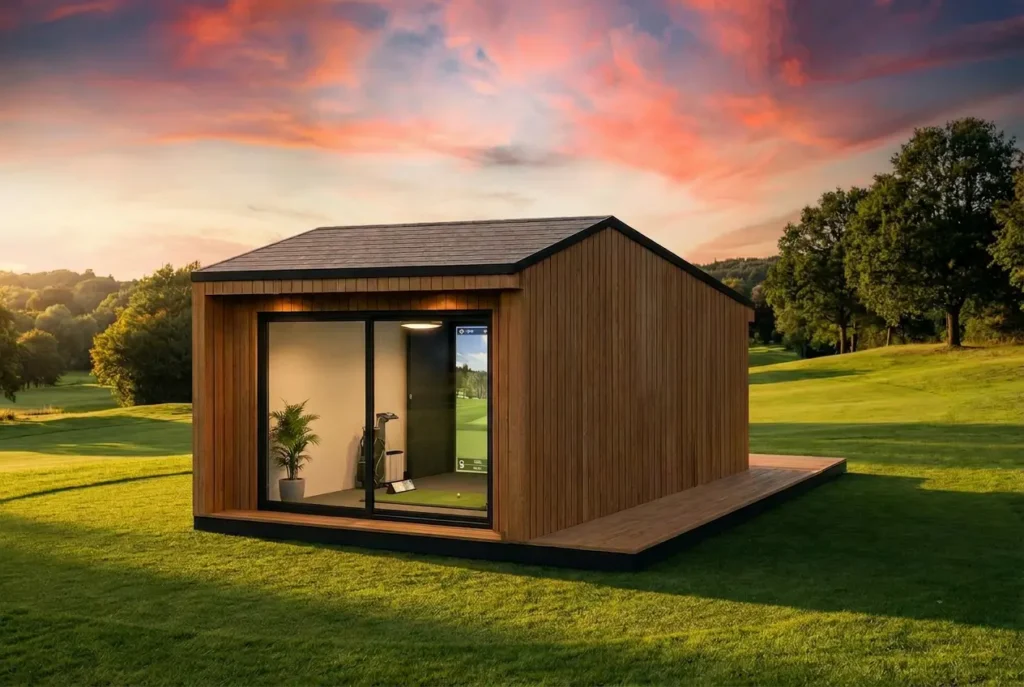 Outdoor golf simulator building by Heritage Sports installed at a golf course with timber cladding and large viewing window.