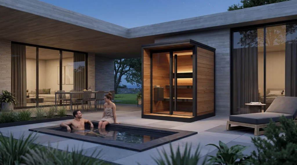 Luxury outdoor sauna beside modern home with pool and evening garden lighting