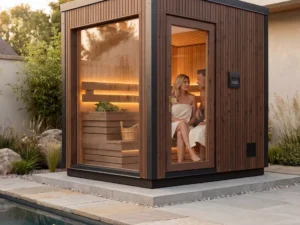 Luxury outdoor sauna beside pool and modern home with evening lighting