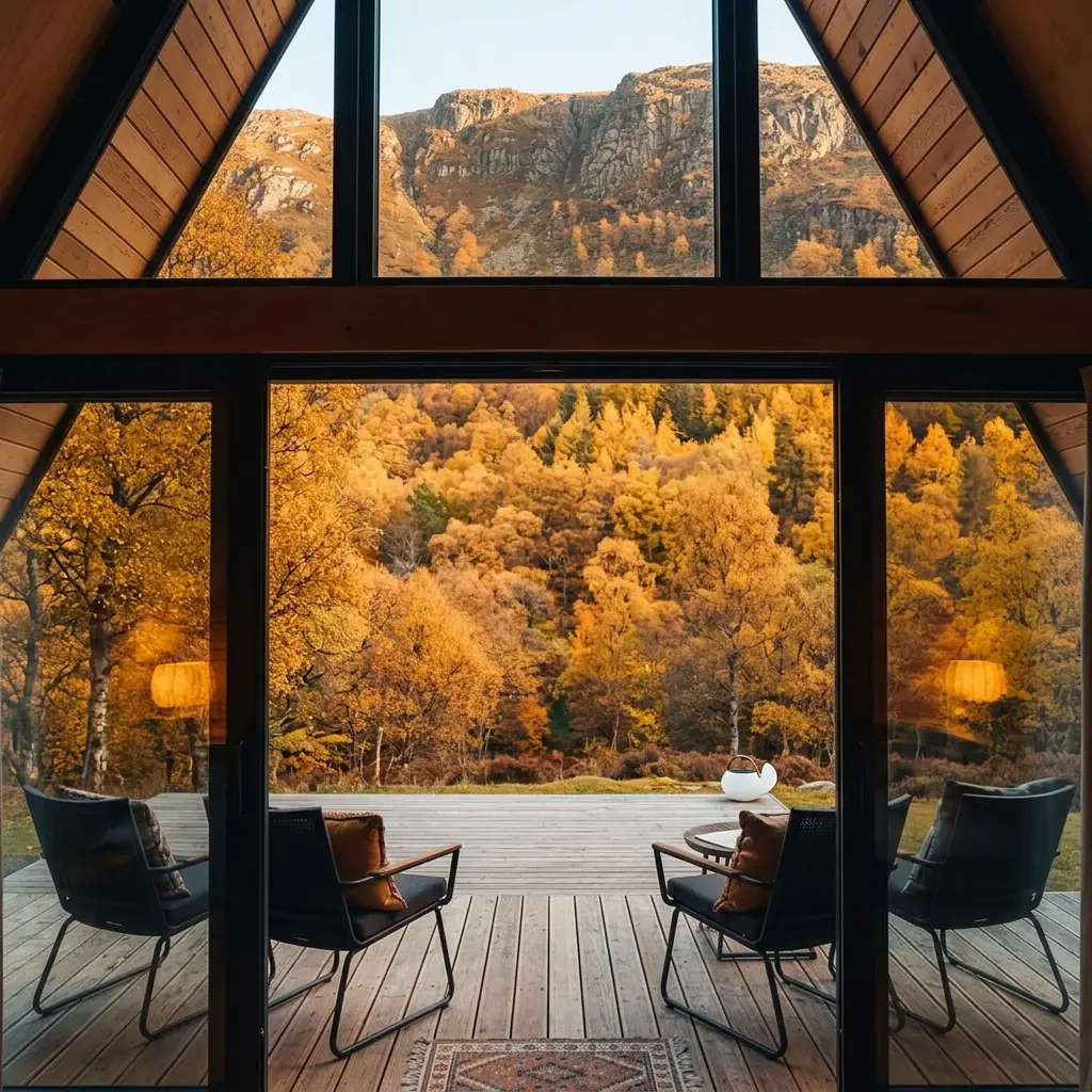 View from inside The Arla A-frame lodge by Heritage Lodges looking through large glazing onto a deck with chairs overlooking autumn woodland and mountains.