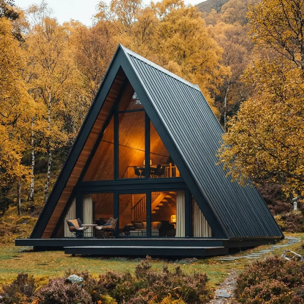 Modern A-frame lodge called The Arla by Heritage Lodges with floor-to-ceiling glazing and a dark metal roof set in a woodland landscape.
