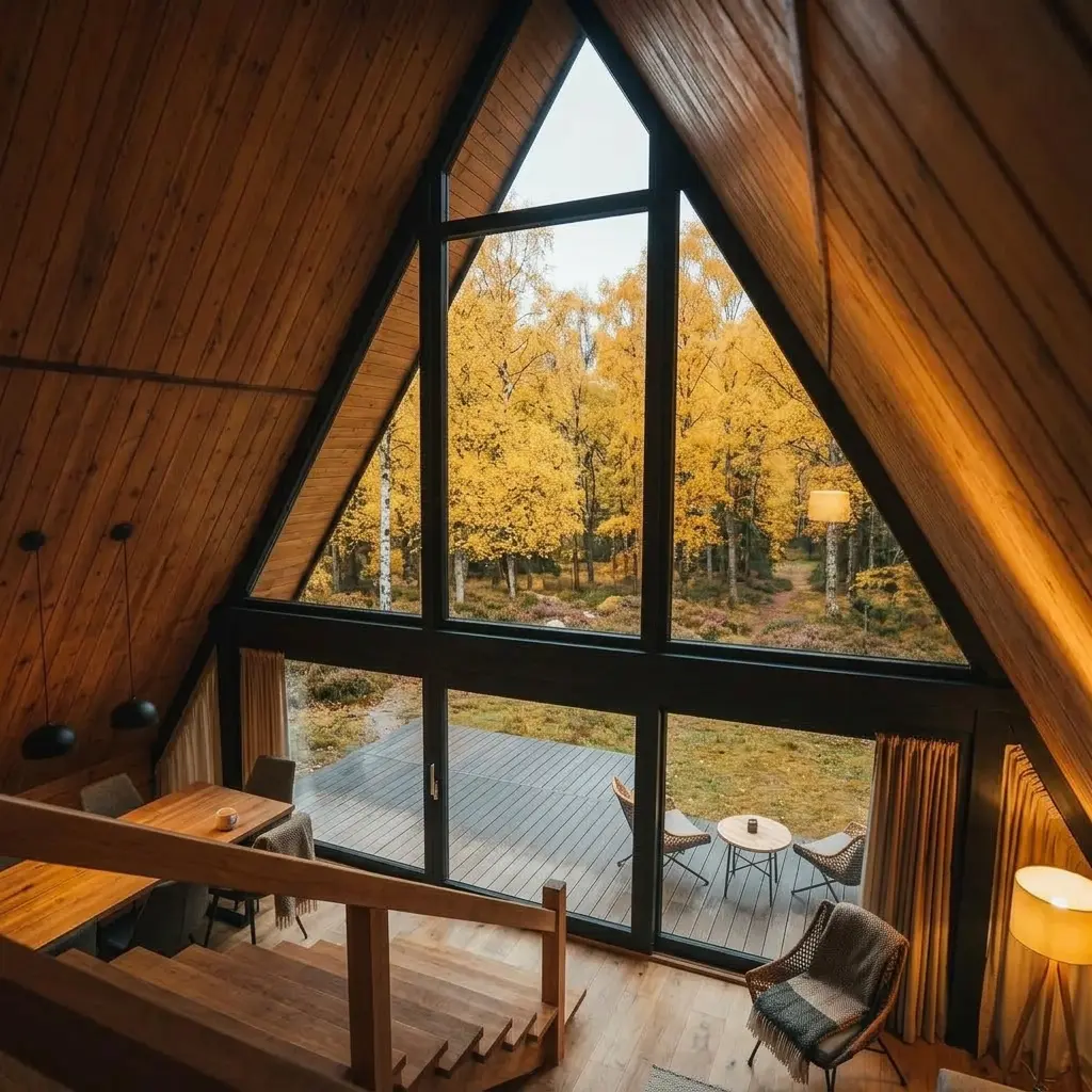 Interior of The Arla A-frame lodge by Heritage Lodges showing timber-lined walls, staircase, and large triangular window overlooking woodland.