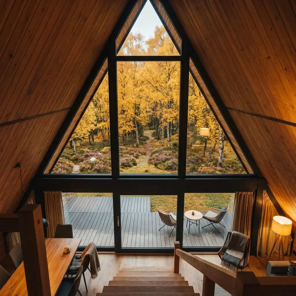 Interior of The Arla A-frame lodge by Heritage Lodges showing floor-to-ceiling triangular glazing overlooking woodland.