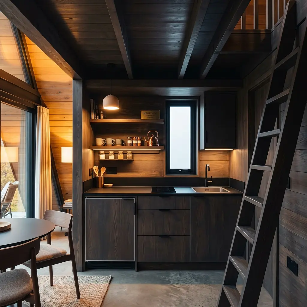 Compact modern kitchenette inside The Arla A-frame lodge by Heritage Lodges with dark cabinetry, timber walls, open shelving, and ladder access to loft.