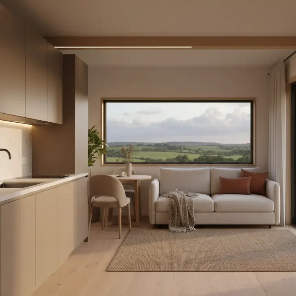 Interior living area of The Belgrave luxury lodge by Heritage Lodges featuring modern kitchenette, seating area and large picture window with countryside views