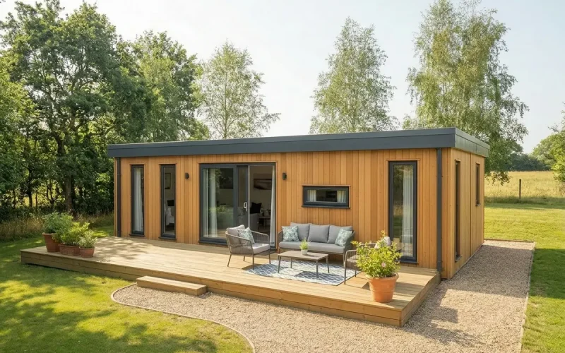 The Matilda luxury lodge by Heritage Lodges featuring large sliding glass doors and spacious outdoor decking in a natural landscape